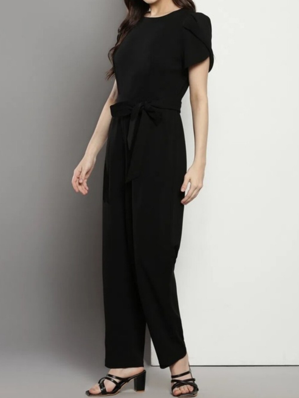 Calvin Klein Black Flutter Sleeve Scuba Crepe Tie Waist Pocket Jumpsuit Size 14